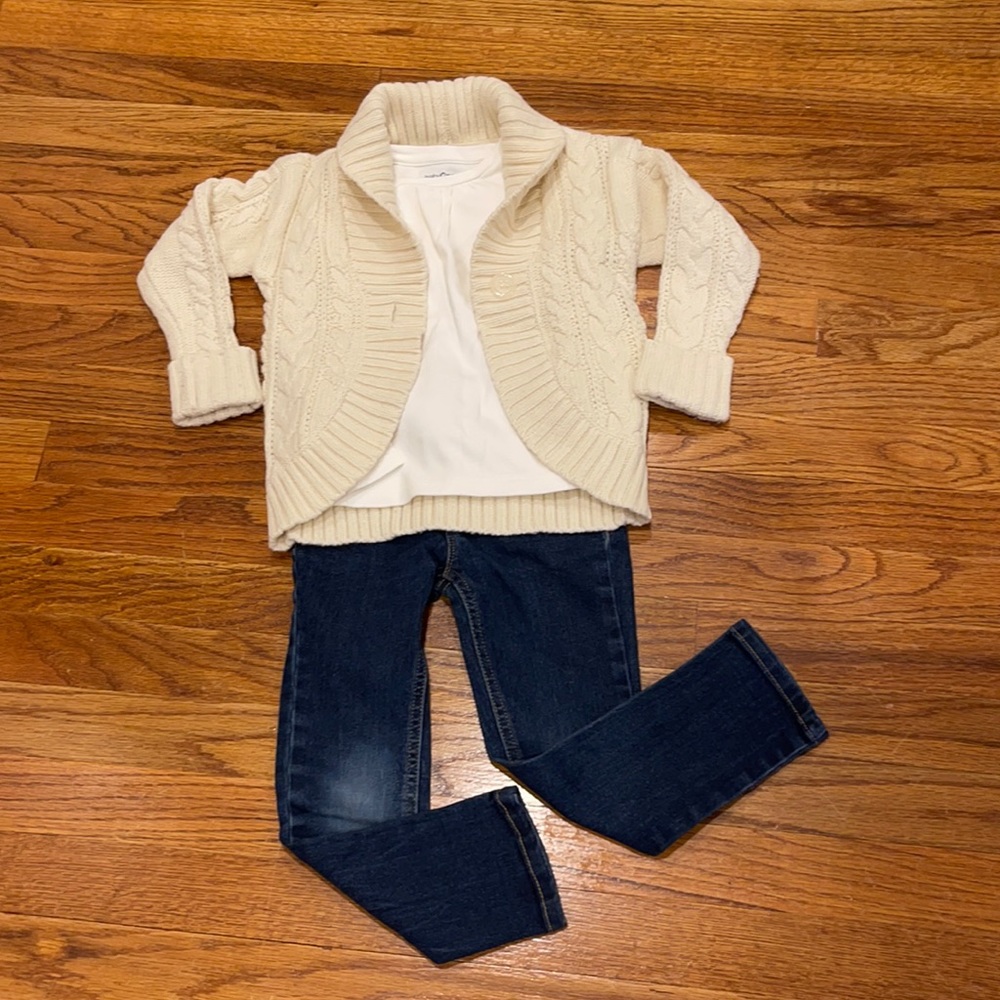 Gap Oatmeal Cardigan with white LS shirt and dark blue jean Bundle